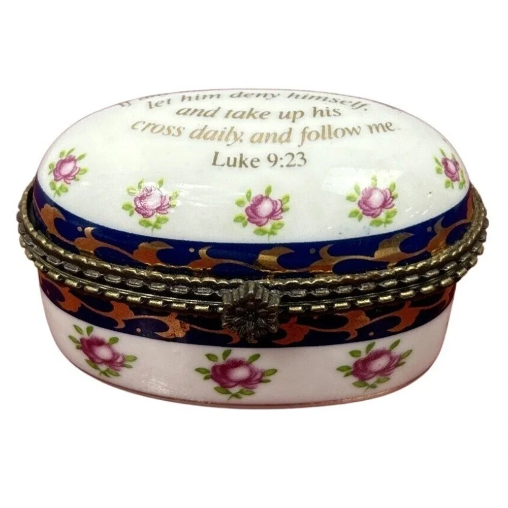 Imperial‎ Porcelain Trinket Box Luke 9:23 Religious Hinged Bible Verse Gold